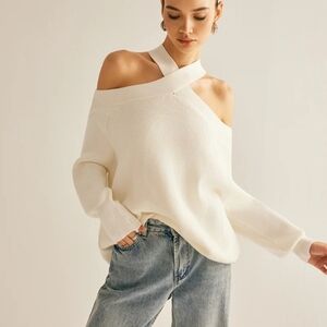 Commense Cross-Over Collar Cold-Shoulder Sweater